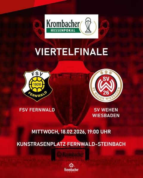 Am 18.02.2026 um 19:00 Uhr ist es soweit: Der Drittligist SV Wehen-Wiesbaden gastiert an der Oppenröder Straße und will gegen unseren FSV ins Halbfinale des Krombacher-Hessenpokals einziehen.